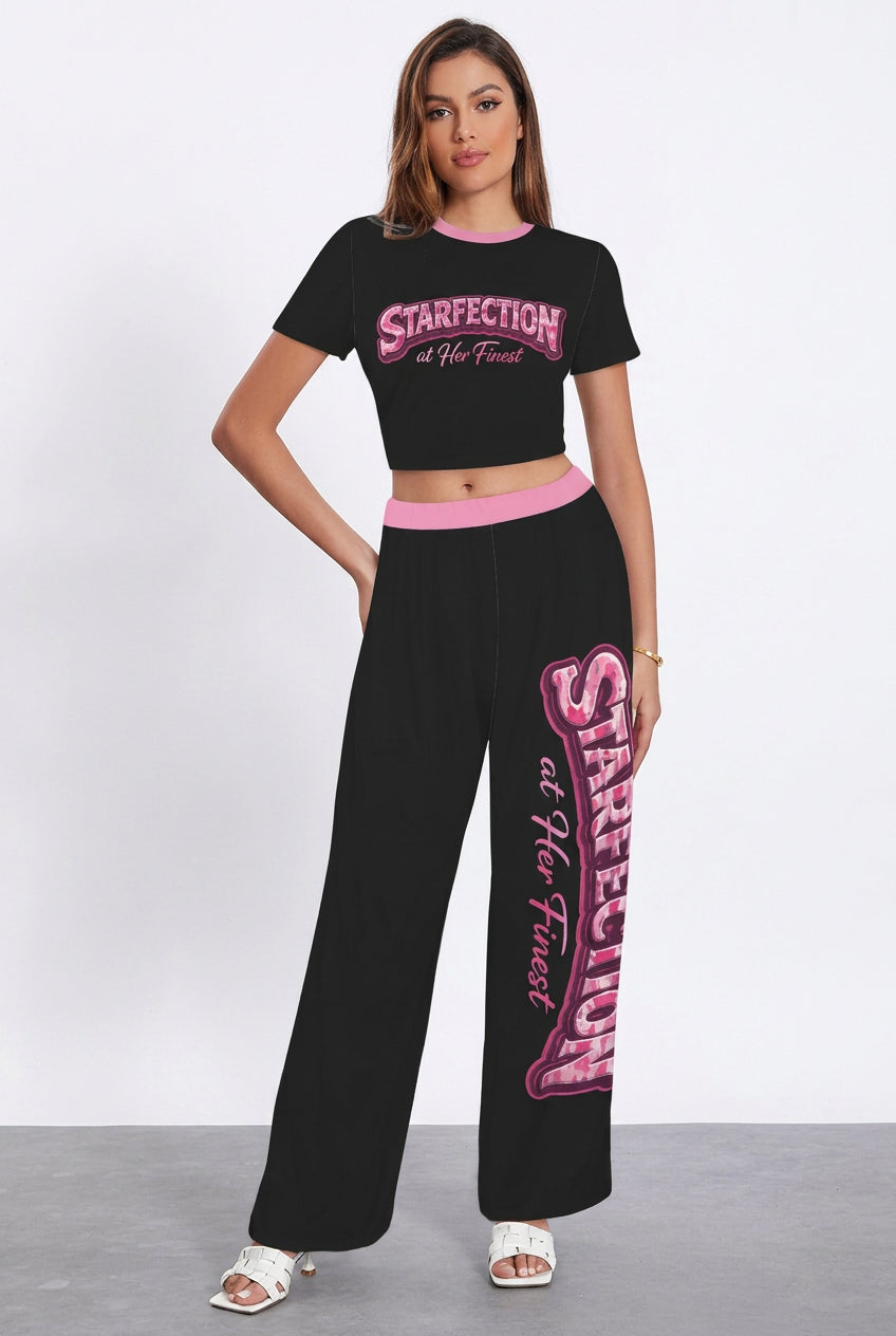 Starfection Ladies Edition Crew Neck Short Sleeve Crop Top &  Wide Leg Pants Set