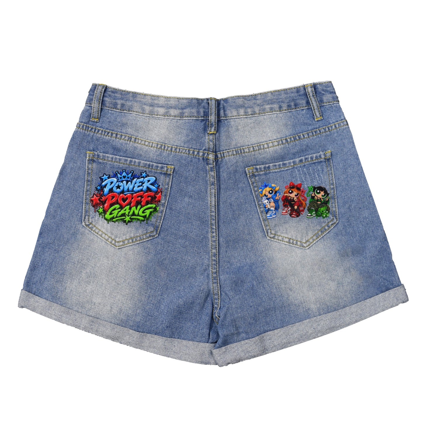 S.O.S: Power Puff Gang Light-Wash Blue Denim Shorts | Ships from USA