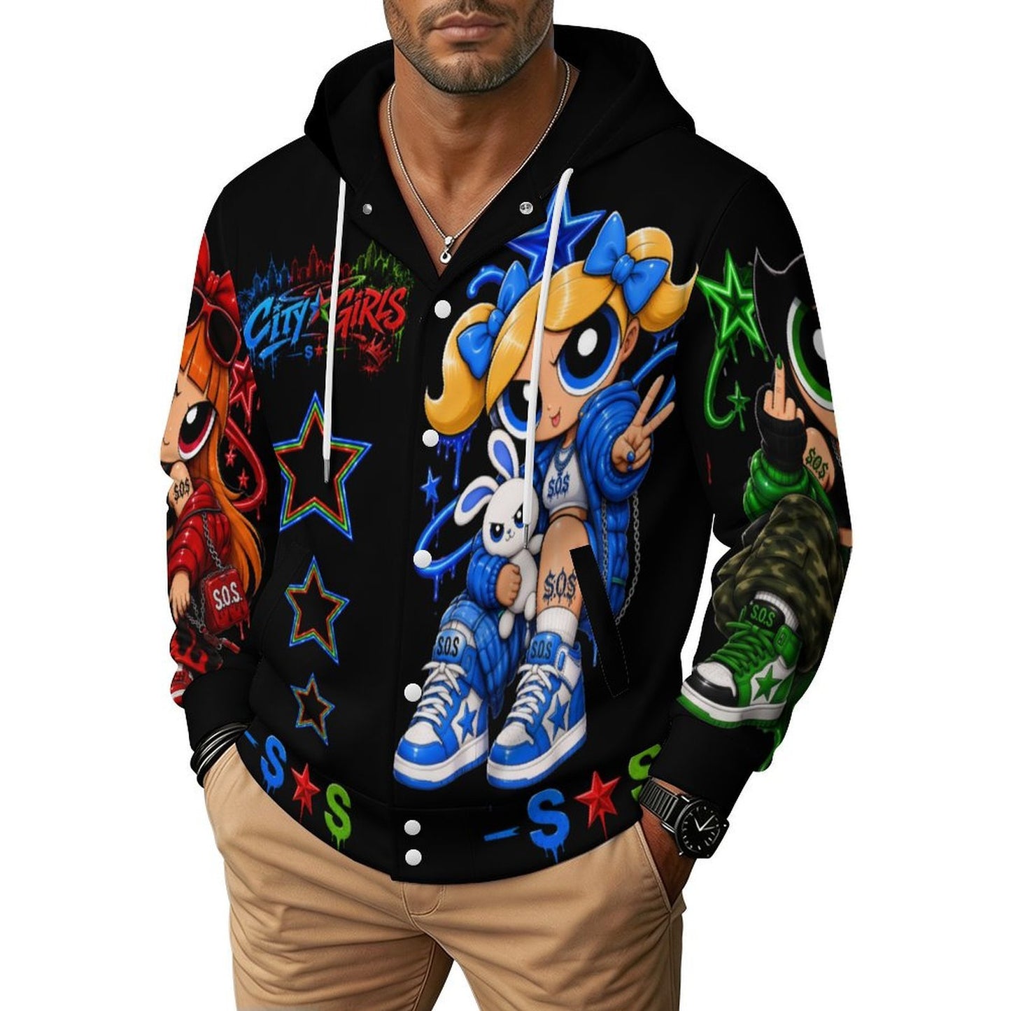 S.O.S: Power Puff Girls Unisex Hooded Baseball Jacket