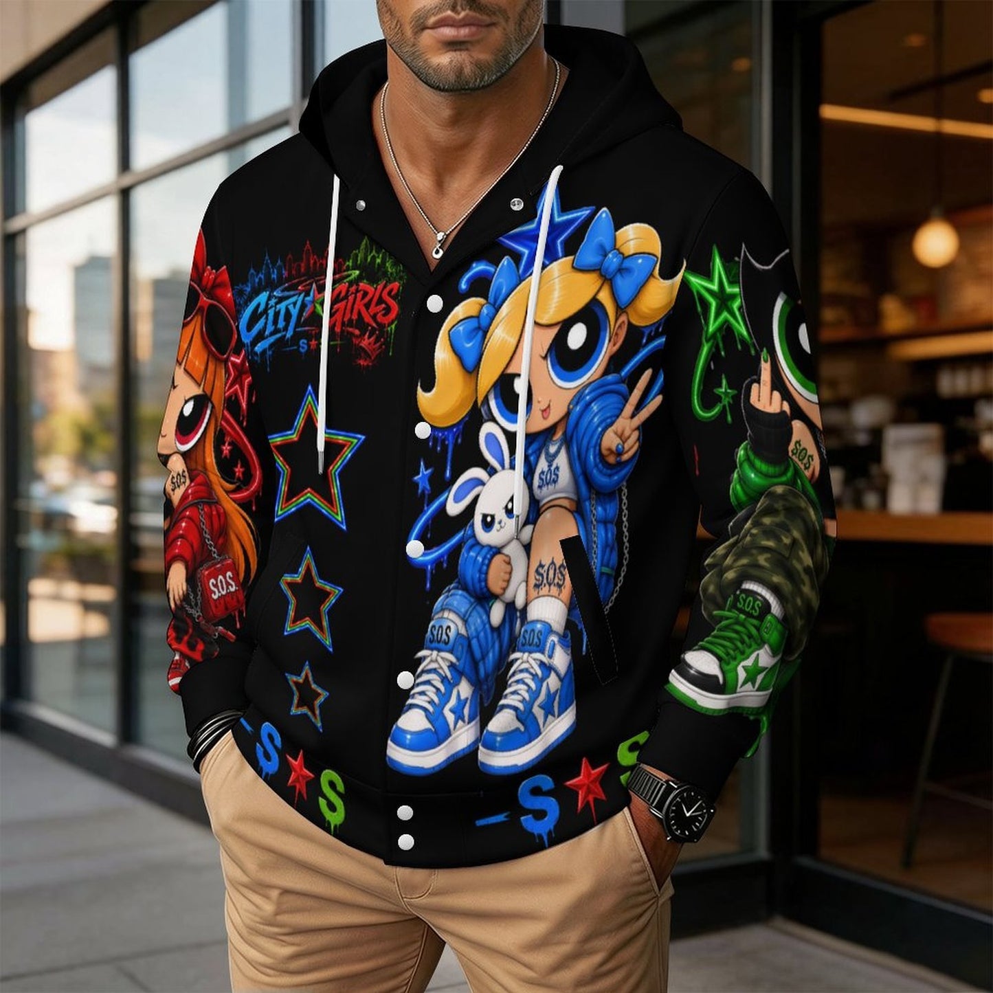 S.O.S: Power Puff Girls Unisex Hooded Baseball Jacket