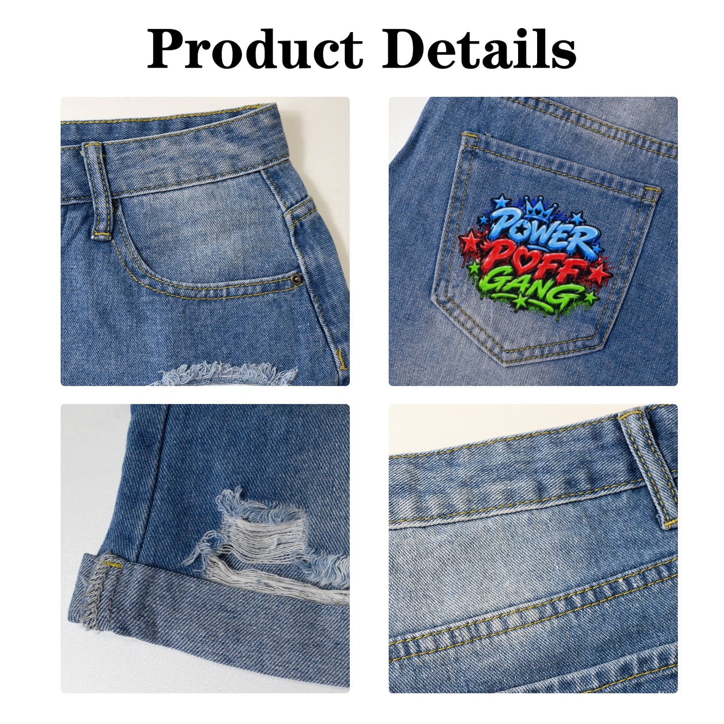 S.O.S: Power Puff Gang Light-Wash Blue Denim Shorts | Ships from USA