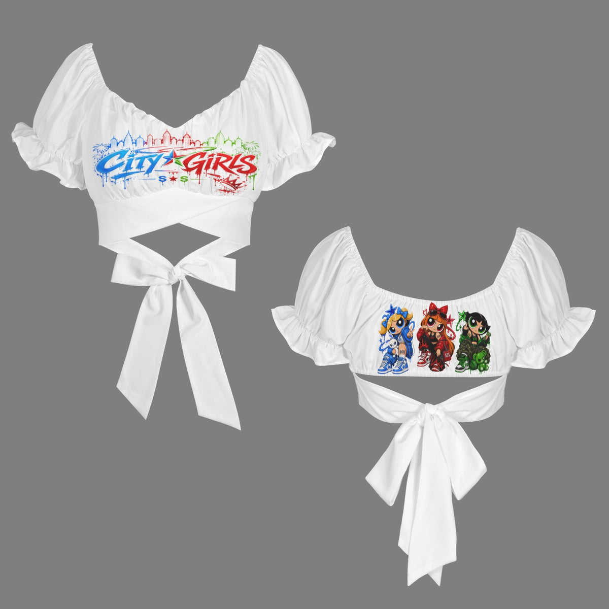 S.O.S: Power Puff Gan Women's Ruffle Sleeve Tie Back Top