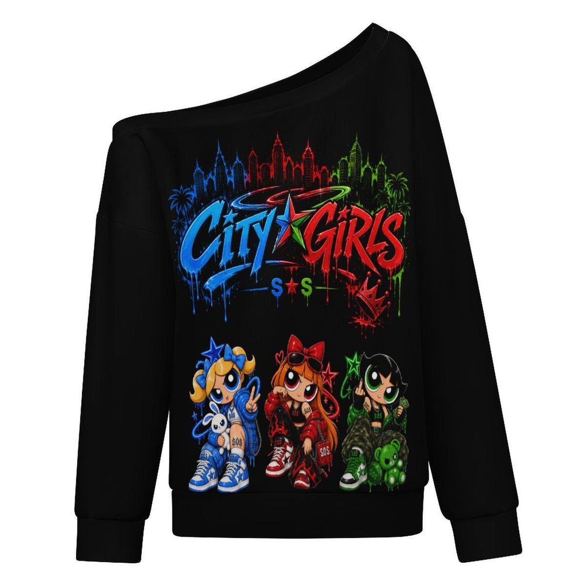 S.O.S: Power Puff Gang Women's Off-shoulder Long Sleeve Sweatshirt