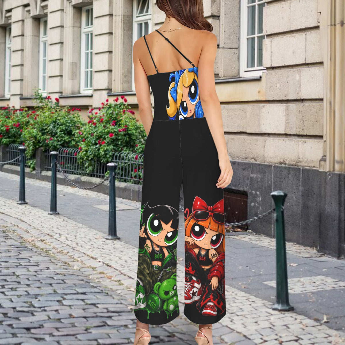 S.O.S: Power Puff Gang One-Shoulder Wide-Leg Jumpsuit with Pockets