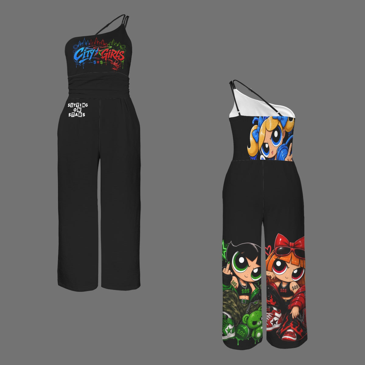 S.O.S: Power Puff Gang One-Shoulder Wide-Leg Jumpsuit with Pockets