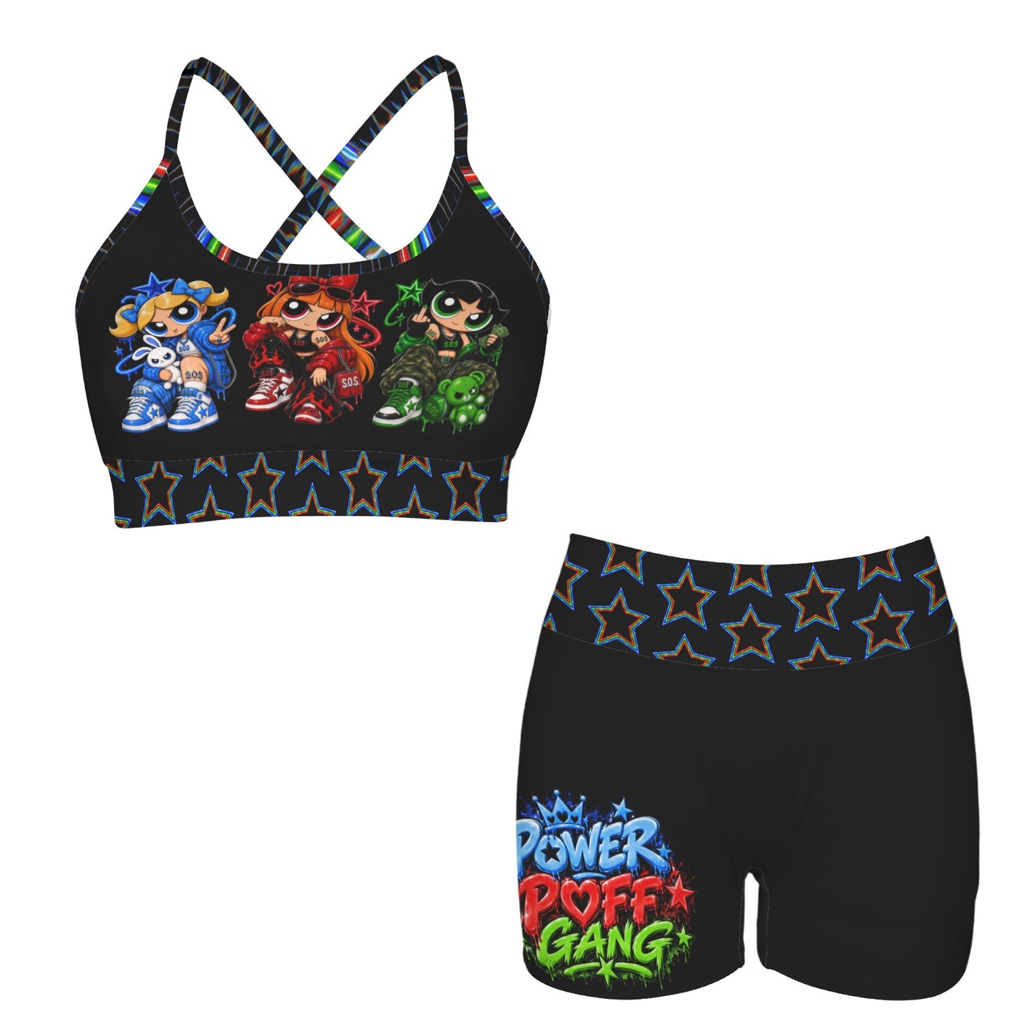 S.O.S: Power Puff Gang Cross Back String Sports Bra & High Waist Shorts Active Sets