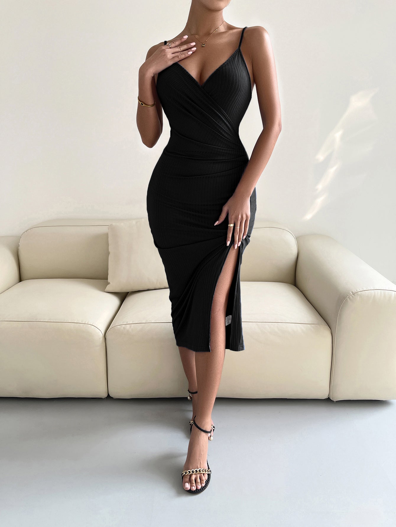 2023 Falling Stars Spaghetti Strap Surplice Neck Slit Dress