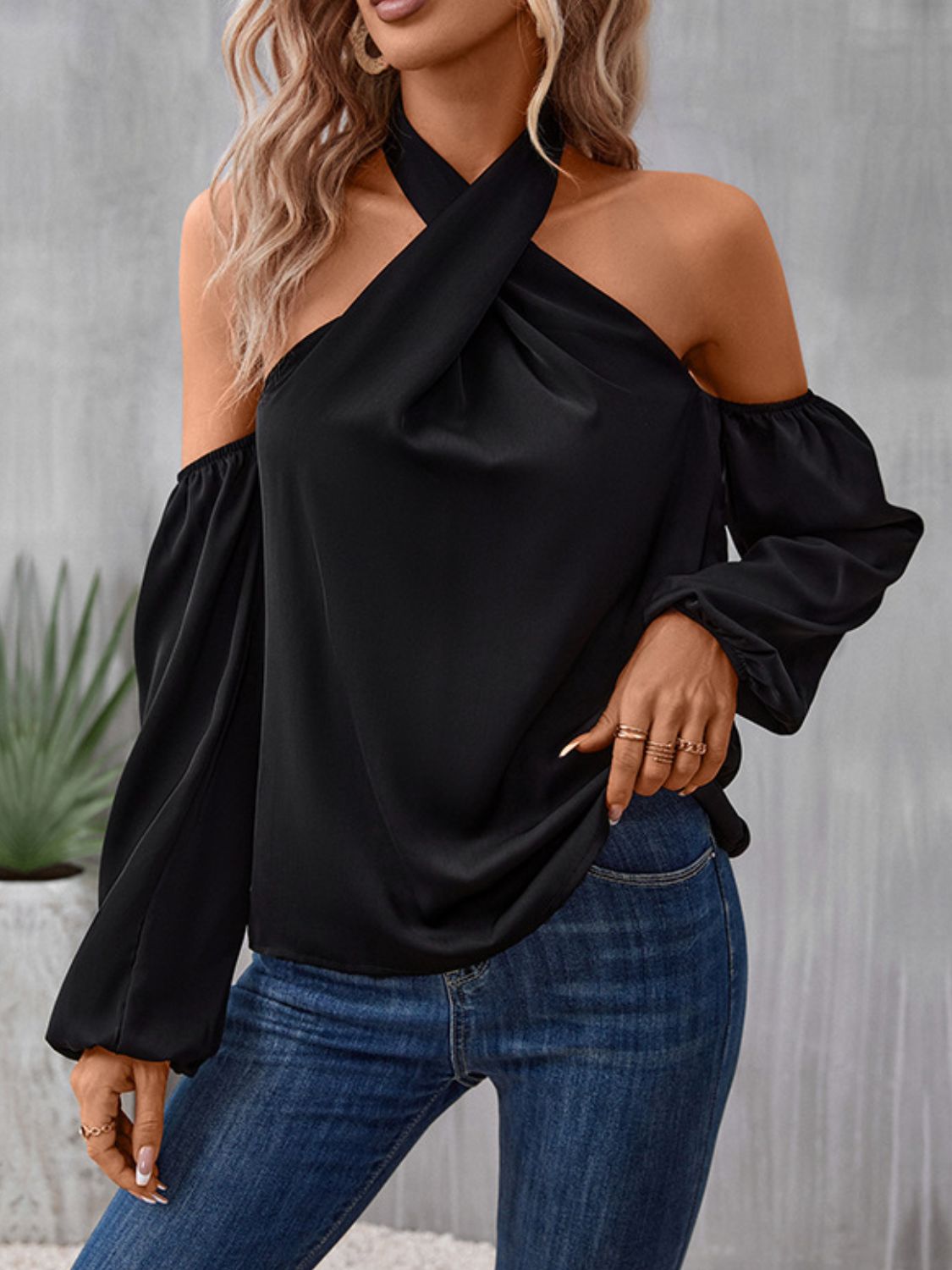 2023 Falling Stars Grecian Cold Shoulder Long Sleeve Blouse