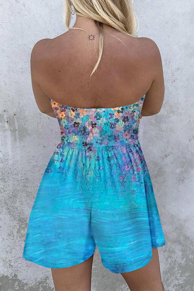 Floral Print Bandeau Romper With Pockets