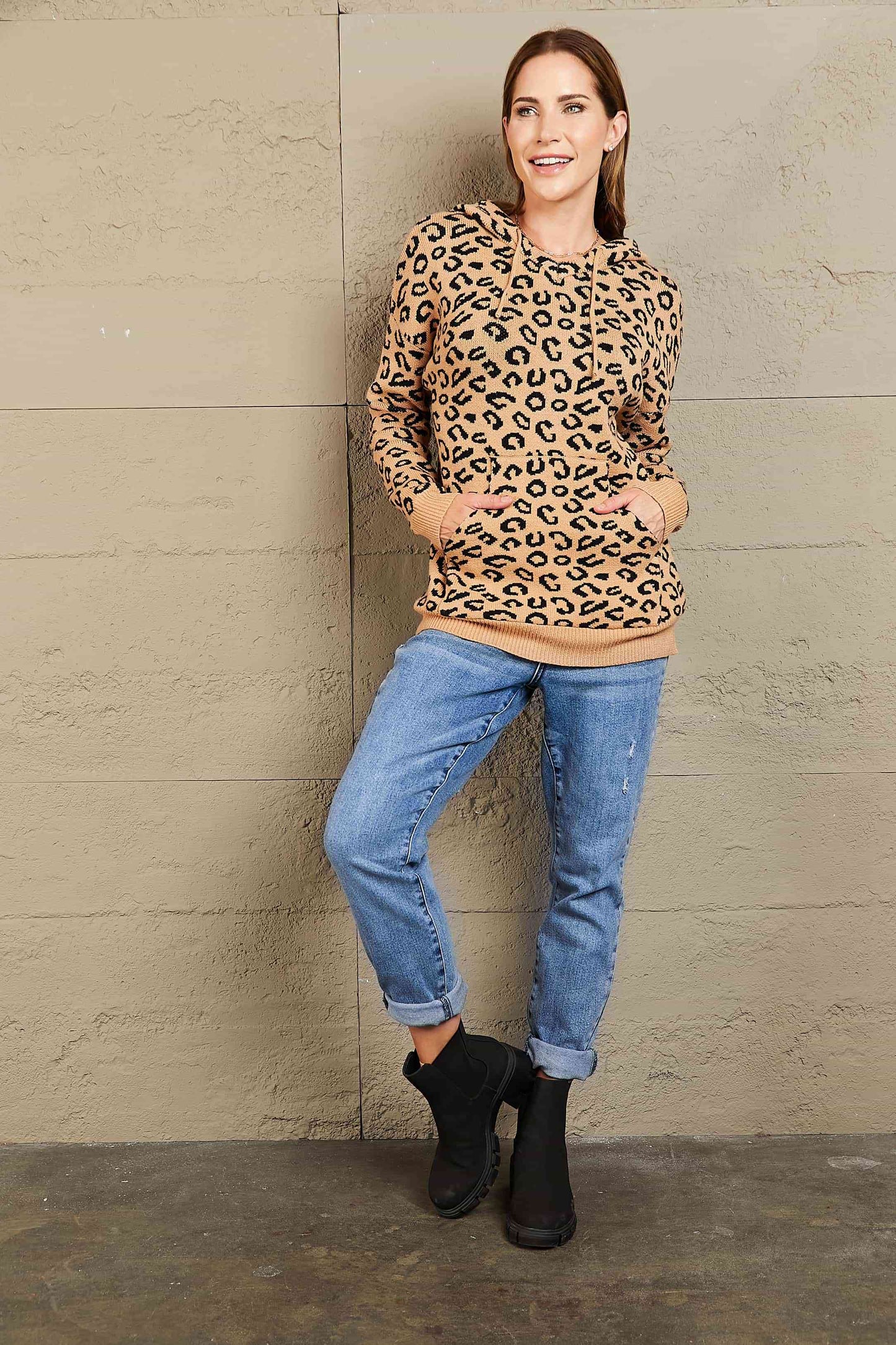 2023 Falling Stars Woven Right Leopard Print Drawstring Hooded Sweater