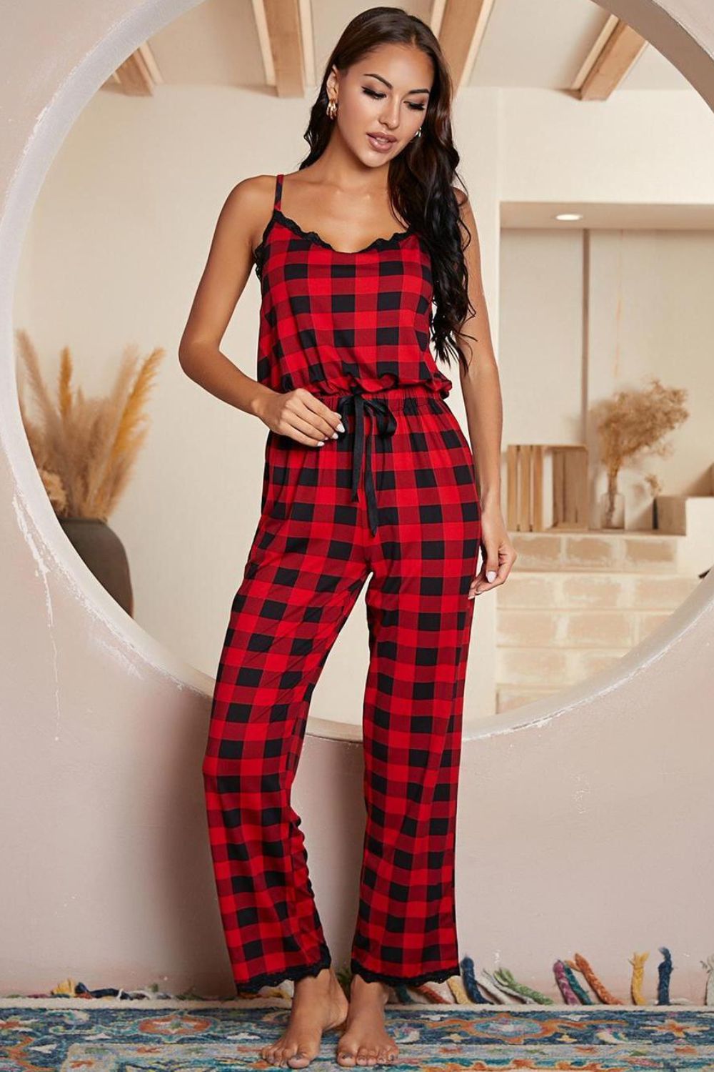 2023 Falling Stars Women's Plaid Lace Trim Spaghetti Strap Jumpsuit