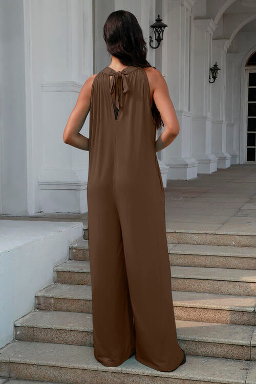 2023 Falling StarsDouble Take Full Size Tie Back Cutout Sleeveless Jumpsuit