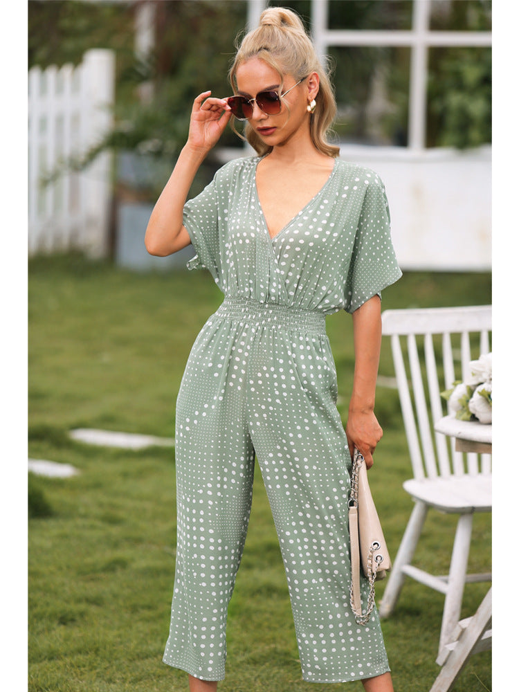 2023 Falling Stars Women's Polka Dot Surplice Neck Jumpsuit with Pockets