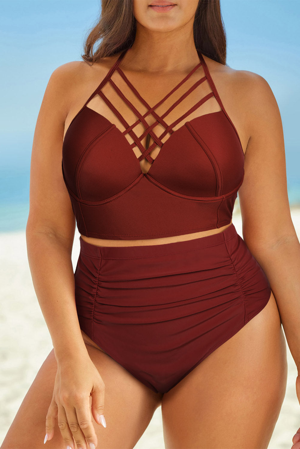 2023 Falling Stars-  Star Plus Size Halter Neck Crisscross Ruched Two-Piece Swimsuit