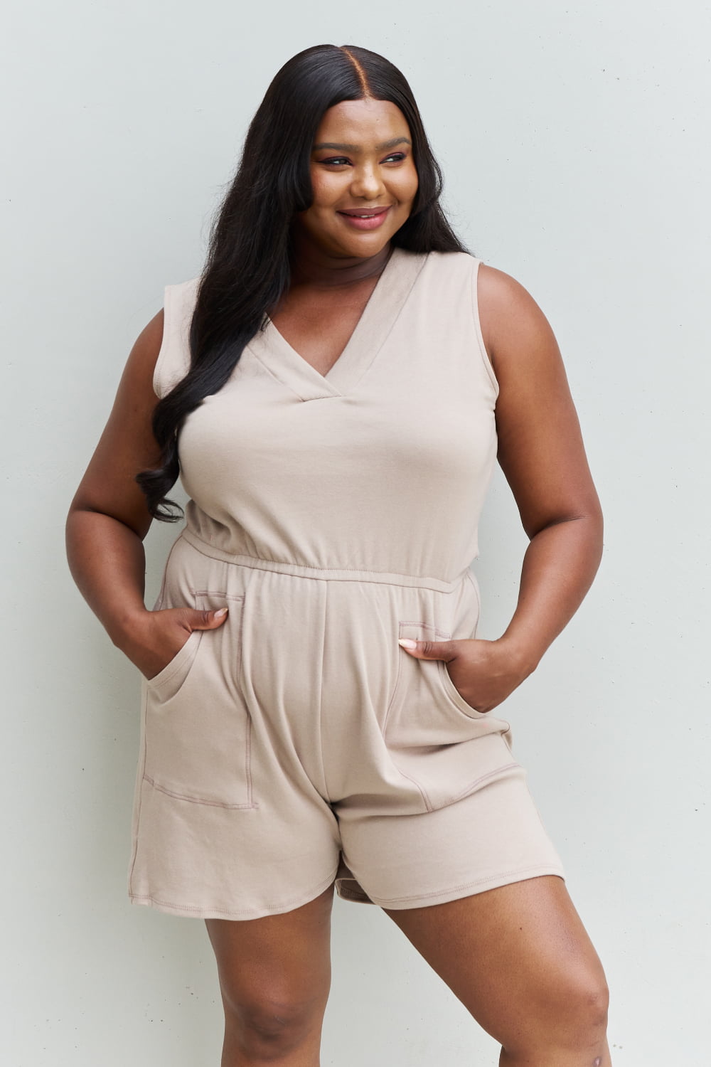 2023 Falling Stars Star Plus Size V-Neck Sleeveless Romper in Sand