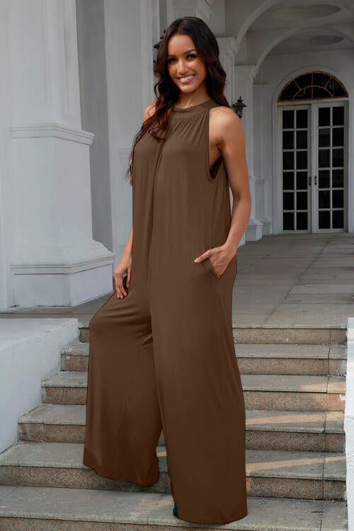 2023 Falling StarsDouble Take Full Size Tie Back Cutout Sleeveless Jumpsuit