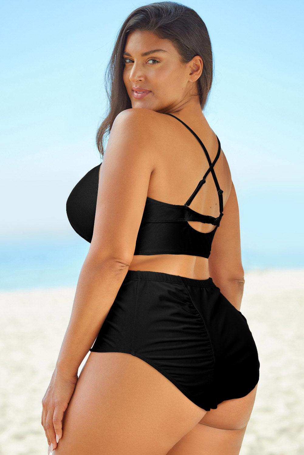 2023 Falling Stars-  Star Plus Size Halter Neck Crisscross Ruched Two-Piece Swimsuit