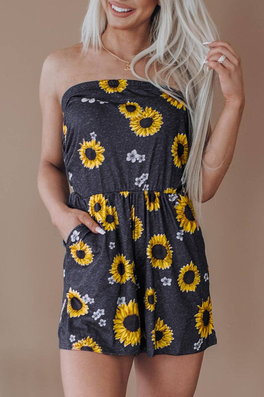 Floral Print Bandeau Romper With Pockets