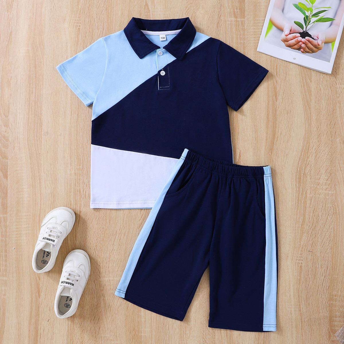 2023 Kids Color Block Polo Shirt and Shorts Set