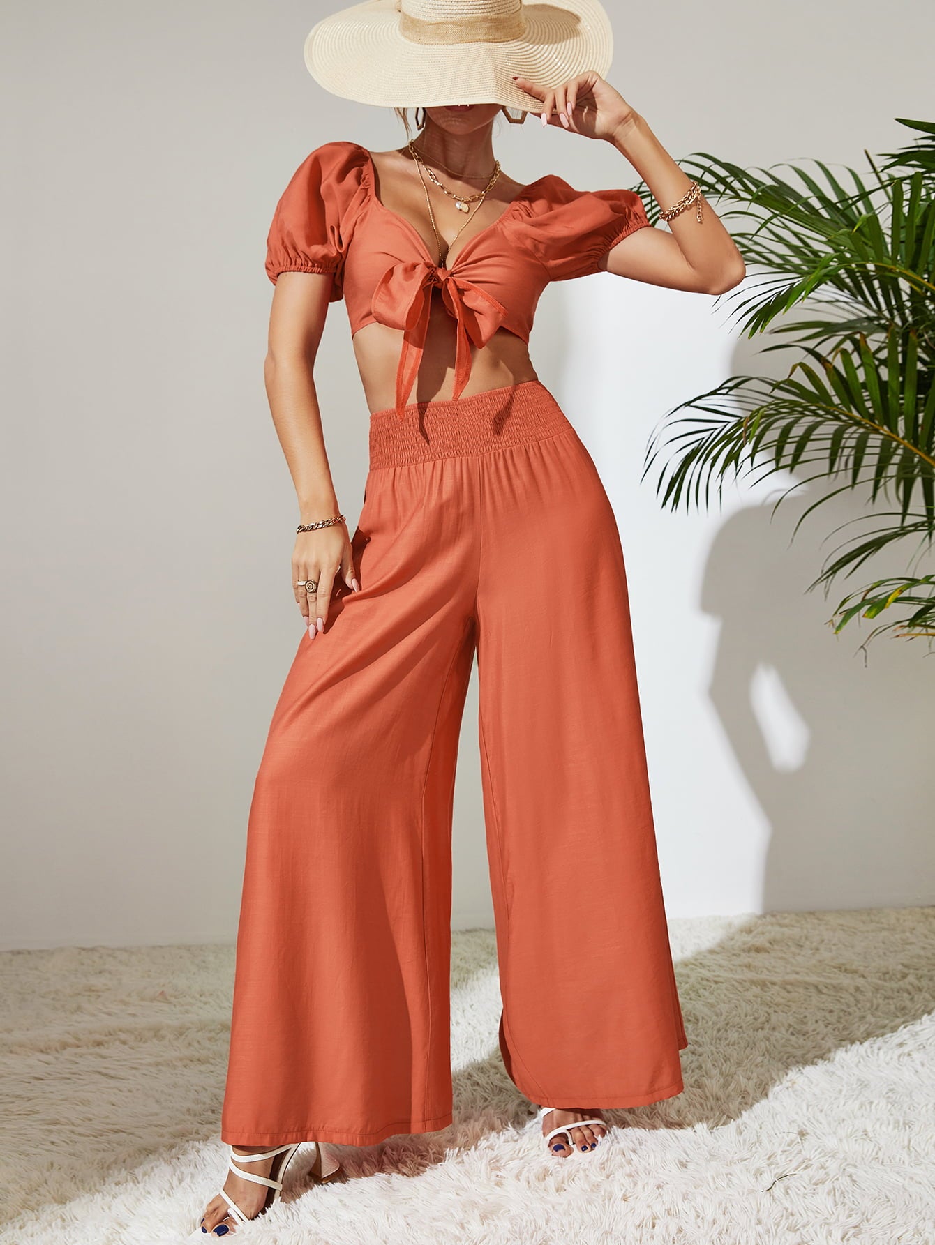 2023 Falling Stars Women's Tie Front Cropped Top and Smocked Wide Leg Pants Set