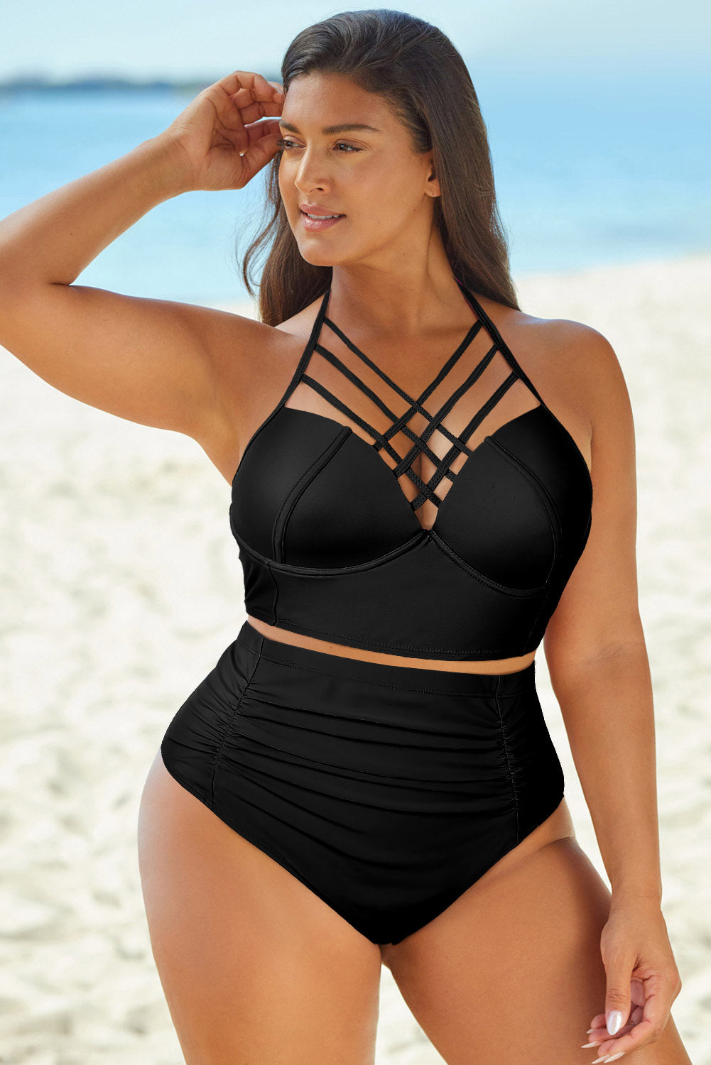 2023 Falling Stars-  Star Plus Size Halter Neck Crisscross Ruched Two-Piece Swimsuit