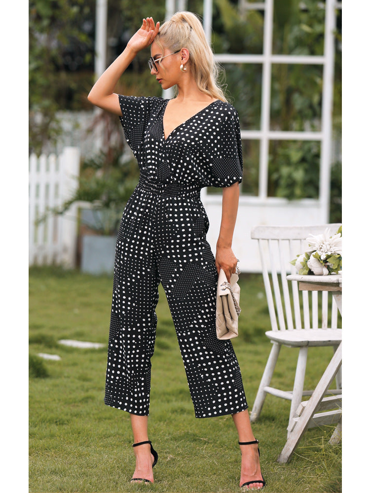 2023 Falling Stars Women's Polka Dot Surplice Neck Jumpsuit with Pockets