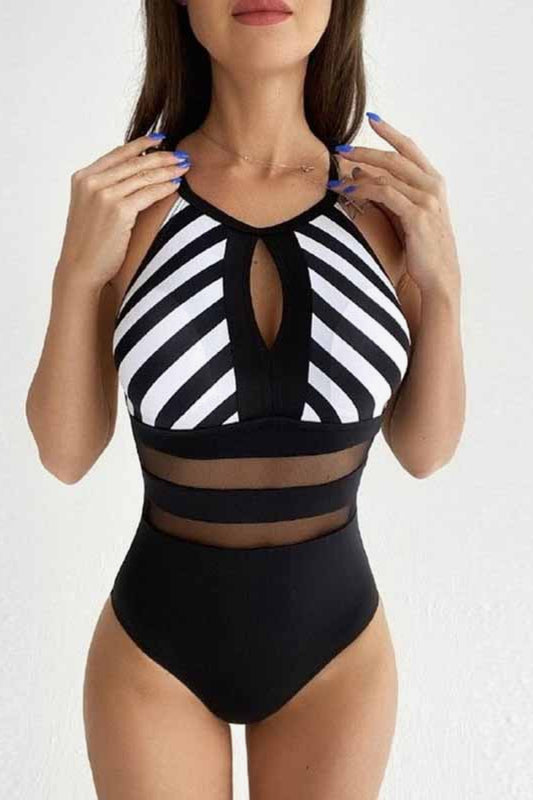 2023 Falling Stars women's Striped Backless One-Piece Swimsuit