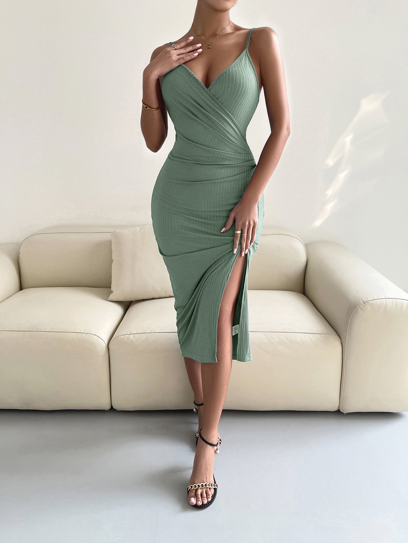 2023 Falling Stars Spaghetti Strap Surplice Neck Slit Dress