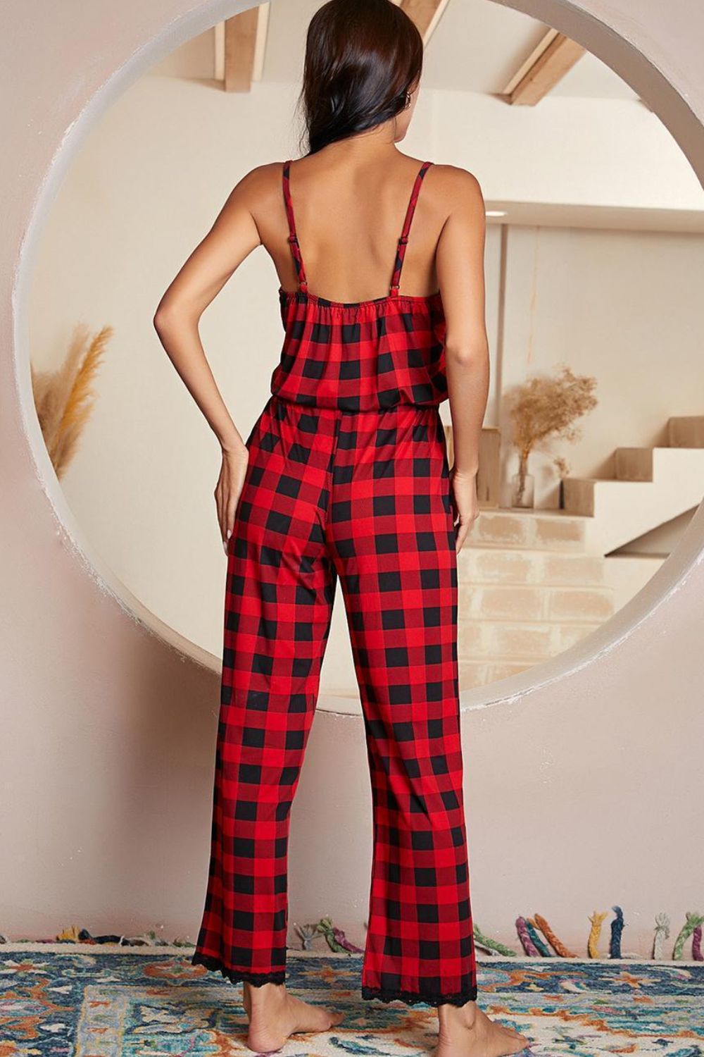 2023 Falling Stars Women's Plaid Lace Trim Spaghetti Strap Jumpsuit