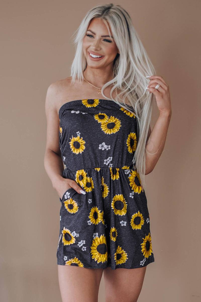 Floral Print Bandeau Romper With Pockets