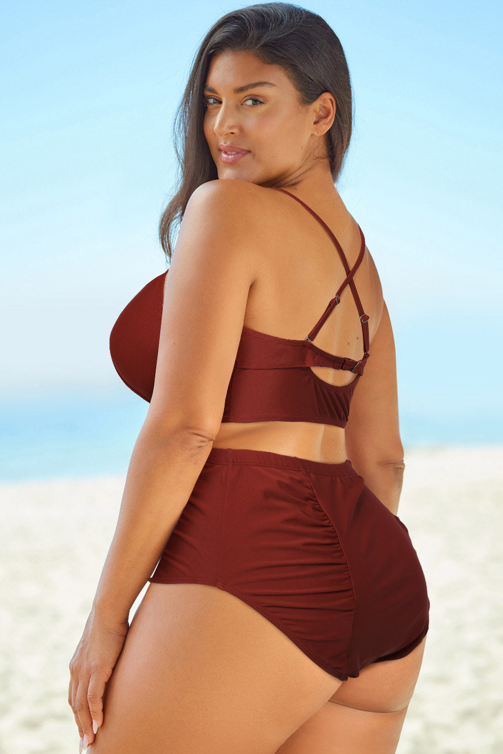 2023 Falling Stars-  Star Plus Size Halter Neck Crisscross Ruched Two-Piece Swimsuit