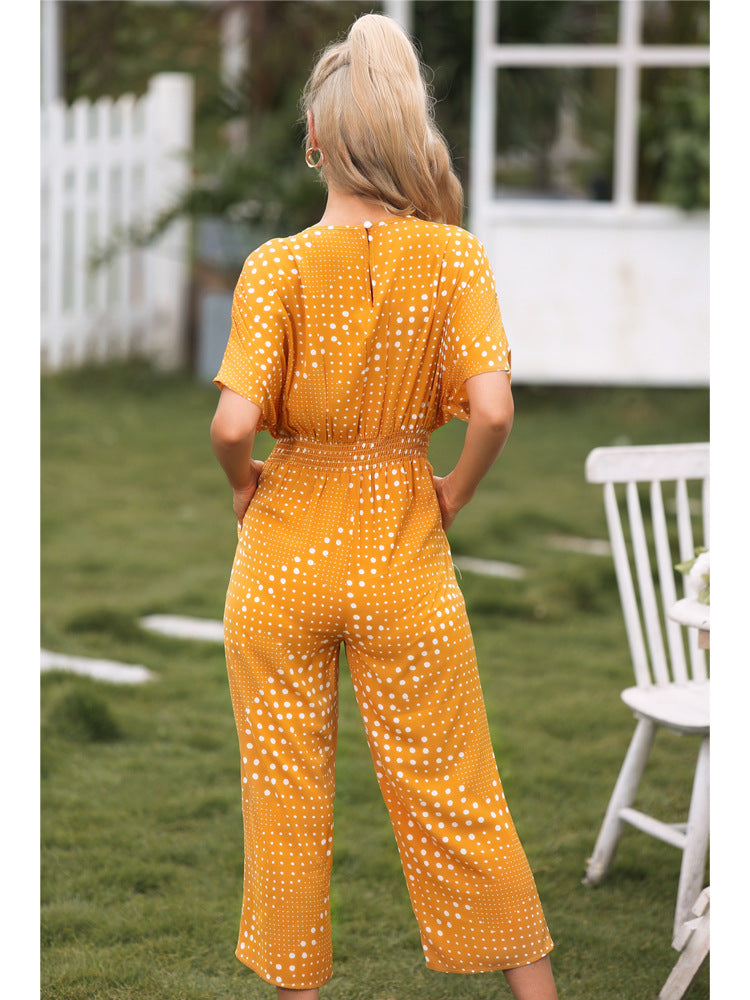 2023 Falling Stars Women's Polka Dot Surplice Neck Jumpsuit with Pockets