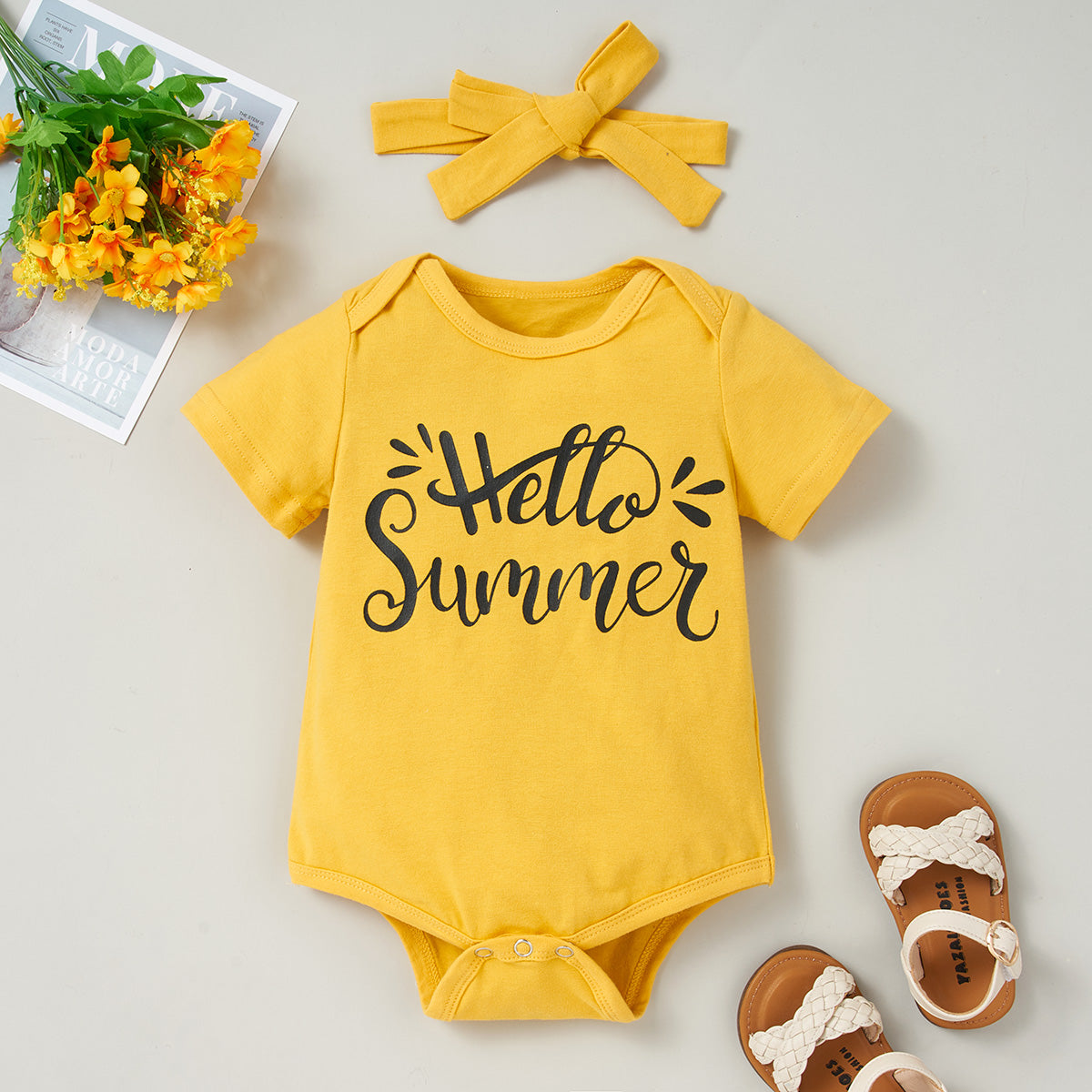 2023 Falling Stars HELLO SUMMER Bodysuit and Sunflower Shorts Set