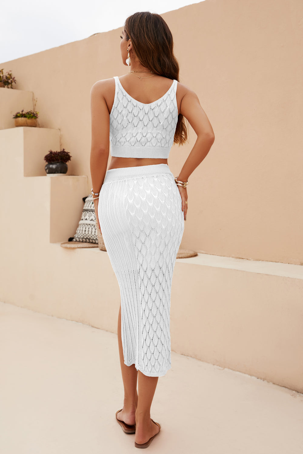 2023 Falling Stars Openwork Cropped Tank and Split Skirt Set