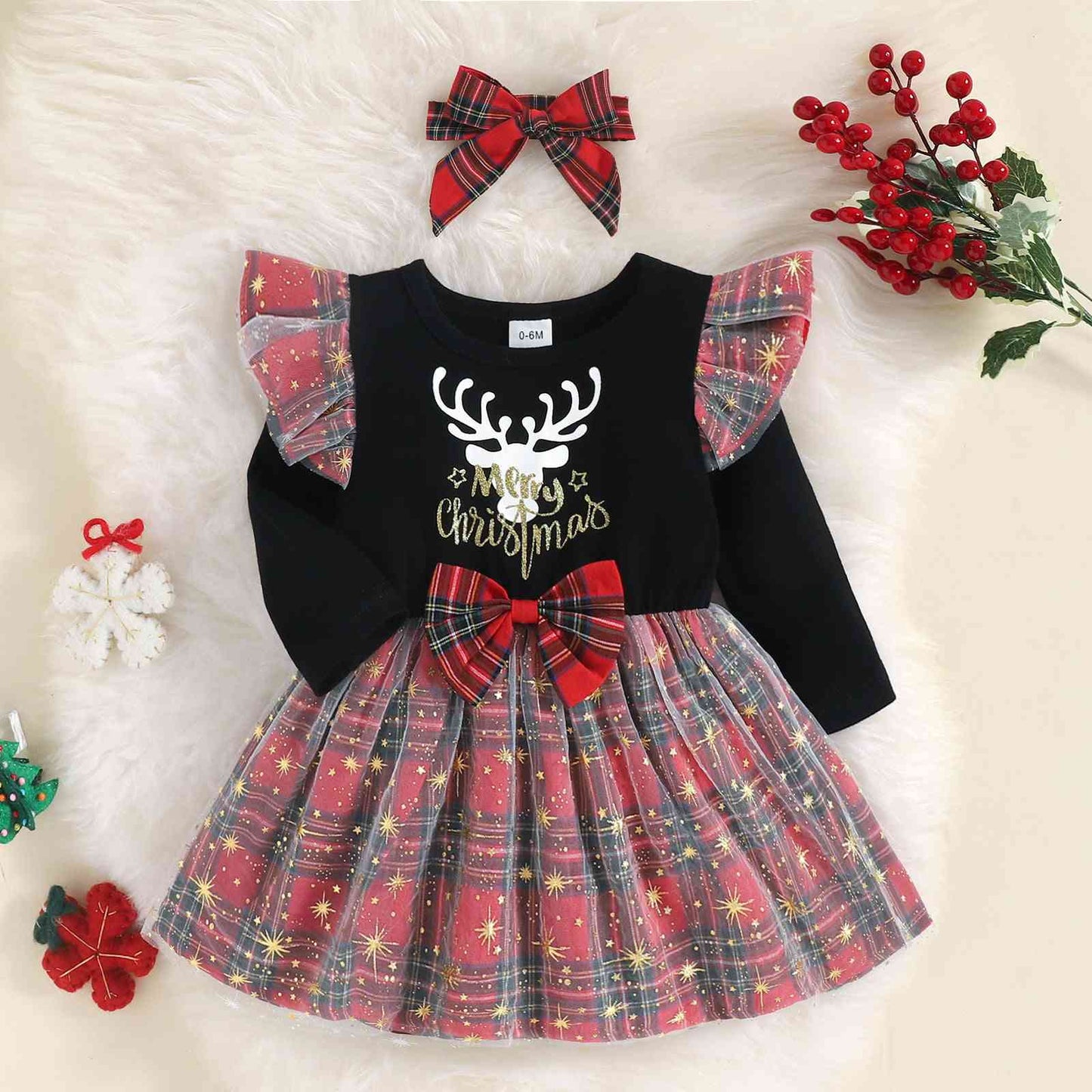 2023 Falling Stars Round Neck Long Sleeve MERRY CHRISMAS Reindeer  Dress