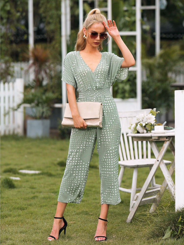 2023 Falling Stars Women's Polka Dot Surplice Neck Jumpsuit with Pockets