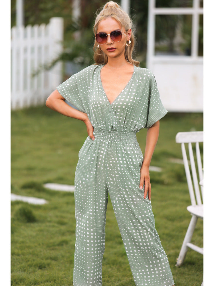 2023 Falling Stars Women's Polka Dot Surplice Neck Jumpsuit with Pockets