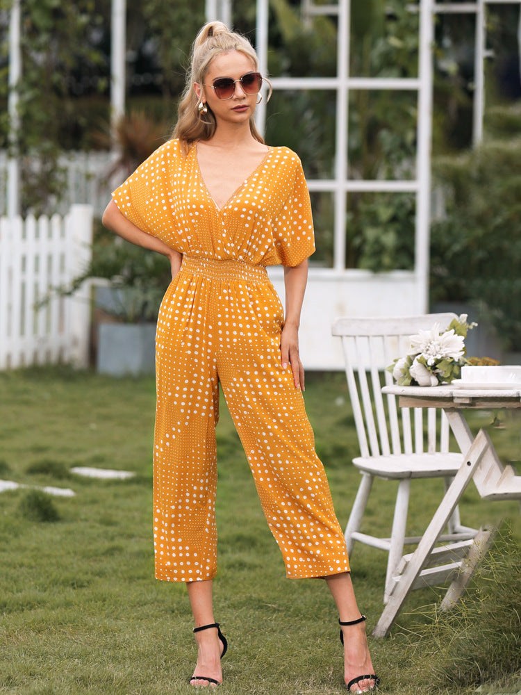 2023 Falling Stars Women's Polka Dot Surplice Neck Jumpsuit with Pockets