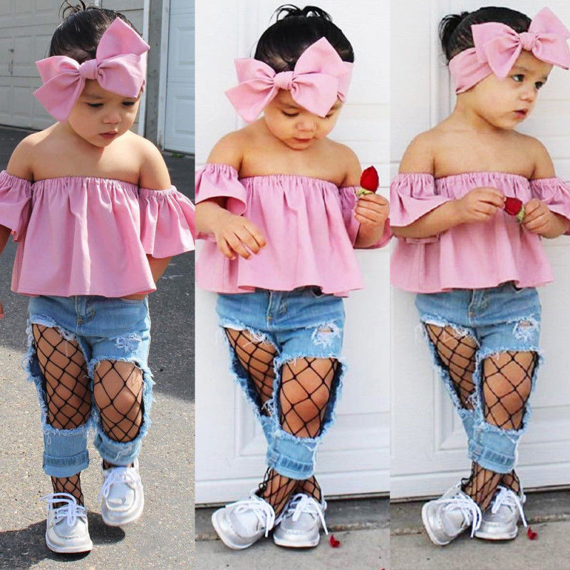 2023 Falling Stars US Denim Toddler Baby Girl Lace Off Shoulder Crop Top Long Pants Outfits